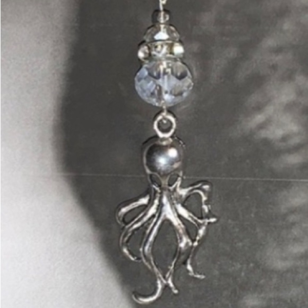 Silver Octopus Long Dangling Pierced Earrings